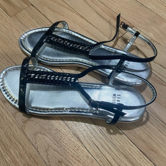 Stuart Weitzman Black and Silver Strappy Sandals - Picture 1 of 7